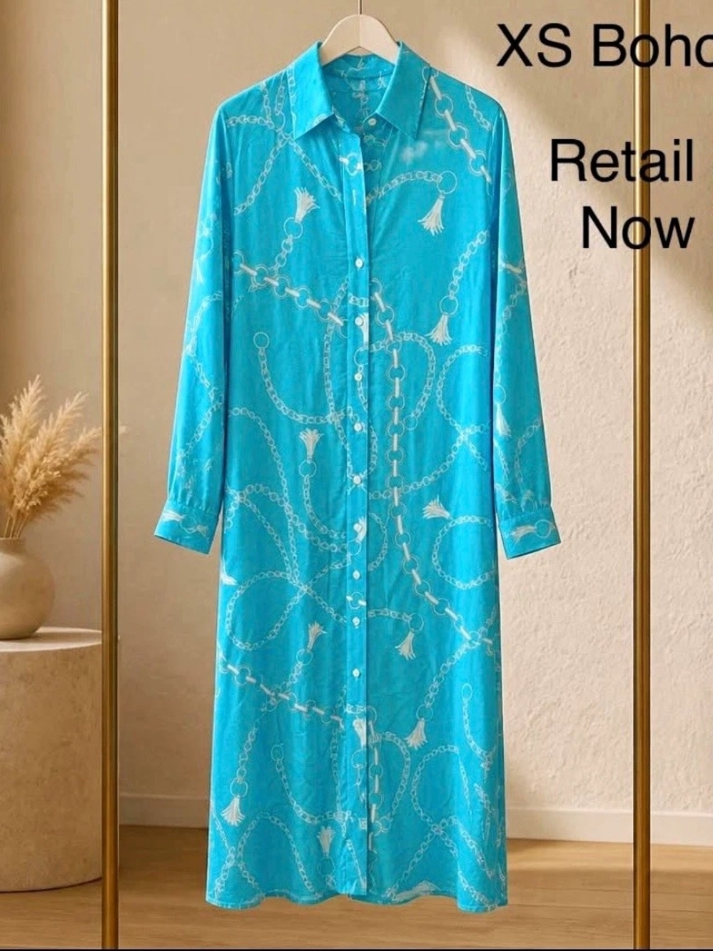 Boho Chic Blue/White Geometric Collared Button Shirt Midi Dress Women’s XS